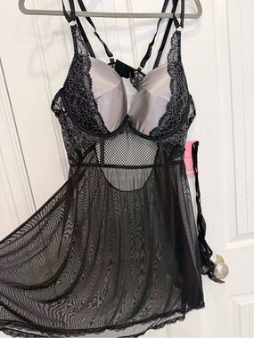 Black & Silver Lace Mesh Babydoll Dress